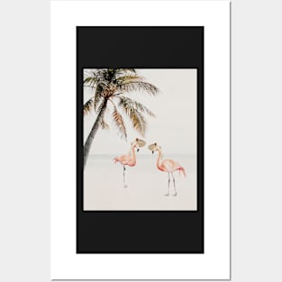 Flamingos on the beach under palm Animal adventures Posters and Art